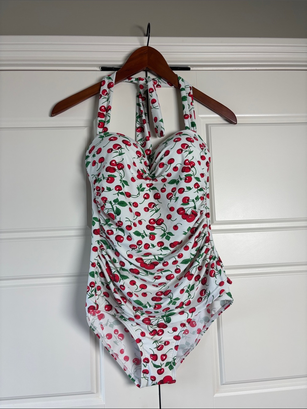 COCOSHIP White Cherry-Print Halter Bodysuit with Red & Green Accents